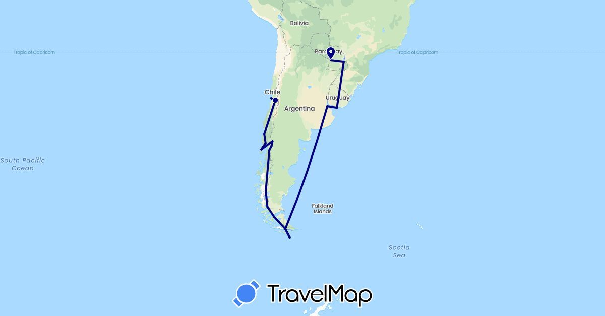 TravelMap itinerary: driving in Argentina, Chile, Paraguay, Uruguay (South America)